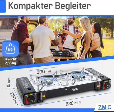 Газовий набір для кемпінгу ZMC: 2-горілкова плита, адаптер для LPG, 4 балончики 227г, кейс, 2.5kW, Piezo-запалювання, для відпочинку на природі та вдома