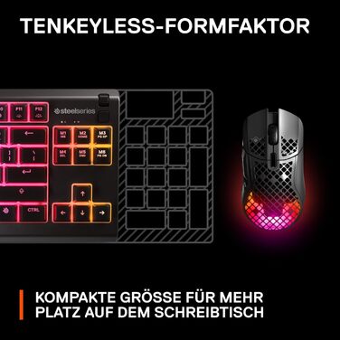 Клавіатура SteelSeries Apex 3 TKL для ігор – RGB, компактний TKL, 8 зон RGB-підсвічування, стійка до води та пилу, тихі ігрові клавіші, DE Layout QWERTZ, чорний колір