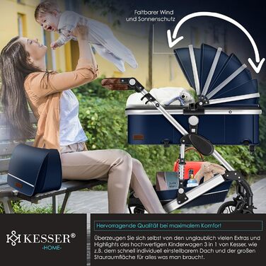 KESSER® Loops 3 в 1: Коляска-трансформер, комплект з люлькою, прогулянковим блоком та автокріслом. Повнорозмірні гумові колеса, пеленатор, дощовик, столиком. Відповідає стандарту ECE R129, синій/сріблястий