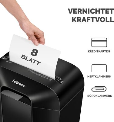 Fellowes шредер для документів, P4, чорний, 15л, для дому та офісу, знищення кредитних карт, 8 листів