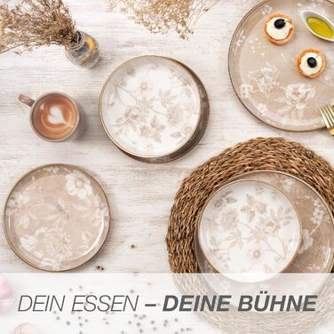 Набір посуду Moritz & Moritz MARIELLA Steingut 48 предметів для 12 осіб - Сучасний сервіз з кераміки бежевого кольору з вишуканим дизайном, легкий у догляді, включає тарілки, чашки, миски та інше.