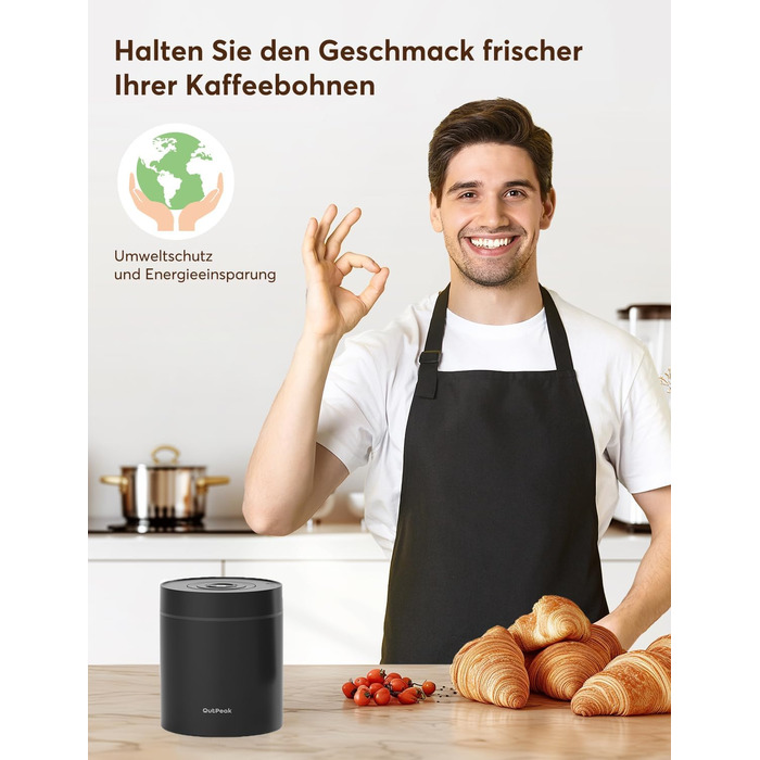 OUTPEAK Neo 2025 Kilo Auto-Vakuum-Kaffeedose: Контейнер для кави з авто-вакуумним насосом, 1,5 л, для 500 г кавових зерен, з кнопкою, з нержавіючої сталі, для бариста, подарунок (великий, матовий чорний)