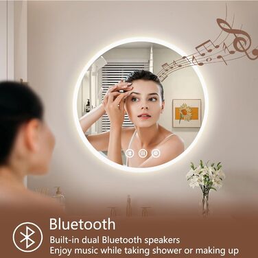 Дзеркало для ванної кімнати Habison з підсвічуванням 70x70 см LED, з годинником, сенсорним вимикачем, регулюванням яскравості, захистом від запотівання, 3-х кратним збільшенням, Bluetooth