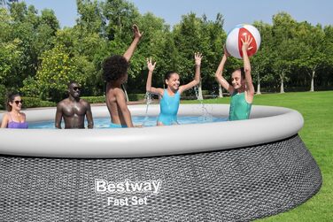 Надувний басейн Bestway Fast Set 396x84 см, круглий, сірий ратан, з фільтр-насосом
