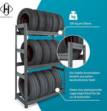 Стеляжка для шин на 450 кг - 177 x 120 x 50 см - міцна полиця для зберігання до 18 шин - сірий графіт - виробництво ЄС - для гаража, підвалу, складу та майстерні