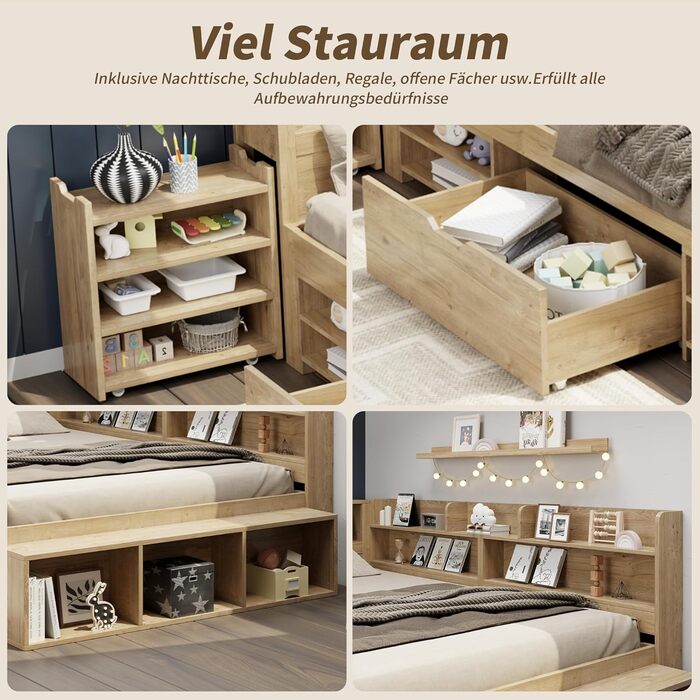 Ліжко дитяче 90x200, 140x200, з ящиками, полицями та дошкою, захистом від падіння, з ламелями, з місцем для зберігання, для підлітків, функціональне, дерев'яне ліжко, без матраца, біле