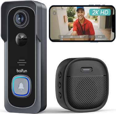 Відеодзвінок BOIFUN з камерою, 2K-HD, Wi-Fi, PIR-датчик руху, 2-сторонній аудіо, сумісний з Alexa, SD/Cloud-пам'ять, з дзвінком, чорний
