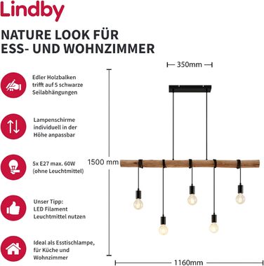 Підвісний світильник для обіднього столу Lindby, дерев'яний брус, металевий, 5 шт. E27, макс. 60 Вт, без лампочки