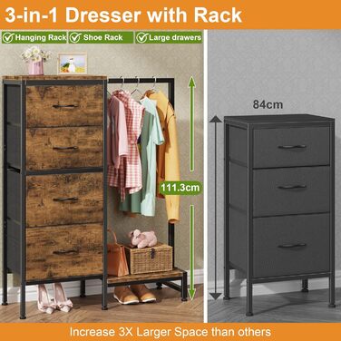 Комод 111 см з 4 висувними ящиками з тканини, з вішалкою, для спальні, вітальні, передпокою, дерев'яний, подарунок