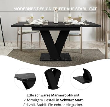 Розсувний кухонний стіл PROROOM FURNITURE Malvi - чорний, 120-160 см, для 4-6 осіб | Збірка легко | Royal Marmor | Для їдальні та кухні