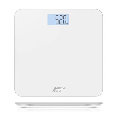 Надтонкі цифрові ваги для ванної кімнати Active Era з точністю вимірювань і технологією Step-On - Безпечні скляні ваги з великим РК-дисплеєм - білий