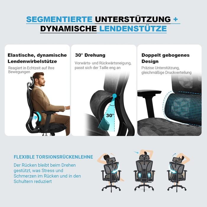 Ергономічне крісло для офісу, 4D підлокітники, регульована глибина сидіння, 4-рівневий нахил, гумові колеса, сітчаста сидіння, висока спинка, для великих людей, Homeoffice & Gaming, чорне ергономічне крісло з сітчастою подушкою сидіння