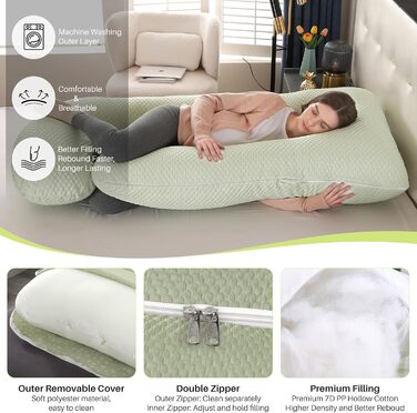 Подушка для вагітних GKXLH - J-подібна подушка для підтримки спини, живота та стегон. Знімний чохол з ефектом охолодження (Iced Bean Green)