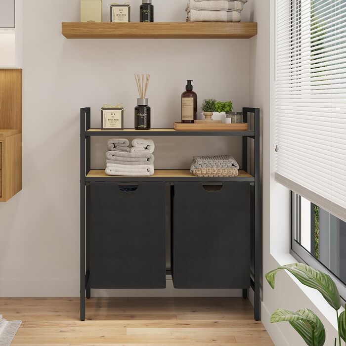 STEELSØN Сортувальник для білизни Rigil з 2 відділеннями та бамбуковою полицею – кошик для білизни на 2 контейнери по 45 л, чорного кольору – металевий сортувальник білизни з висувними мішками – контейнер для брудної білизни з 2 відділеннями та полицею