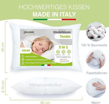 Дитяча подушка Dilamababy 40x60 см - ергономічна, з регульованою висотою, з волокнами, преміум-бавовна Percal, гіпоалергенна, антимікробова, для прання