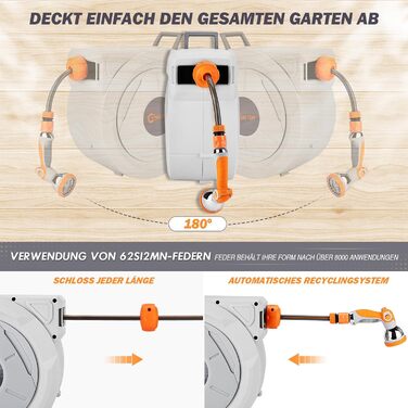 Висувна касетна система для садового шланга 20м + 2м з пістолетом, повільний зворотний механізм, фіксація будь-якої довжини, поворотна кріплення 180°