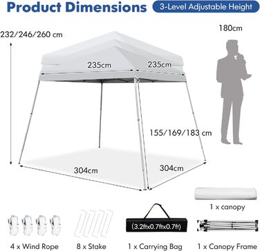 Альтанка KOMFOTTEU складна, садова альтанка регулюється по висоті 232/246/260 см, альтанка з навісом переносна з сумкою для зберігання, садовий намет водонепроникний і захист від сонця (білий)