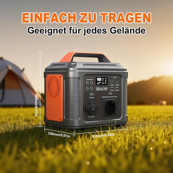 Портативна електростанція SBAOH 296Wh з LED-ліхтариком, 300W, 230V, USB, DC, для кемпінгу та подорожей (з сонячною панеллю 60W)