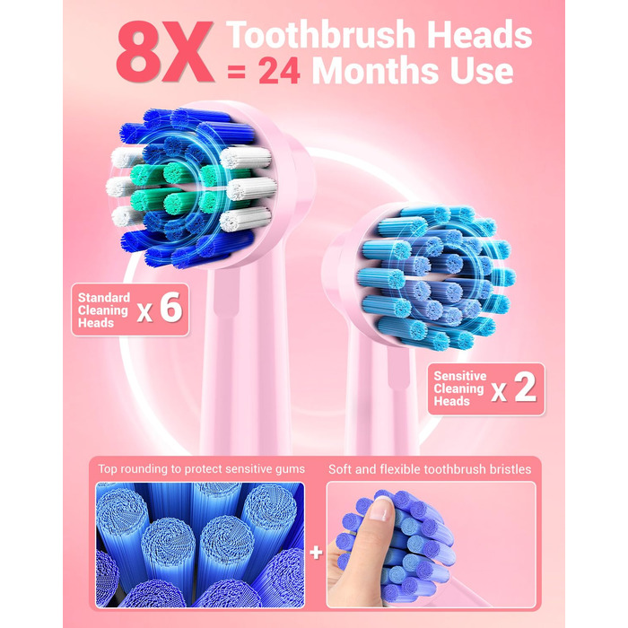 Електрична зубна щітка ротаційного типу для дорослих та дітей з 8 насадок, зарядний пристрій з підставкою на стіну, 5 режимів чищення та дорожній футляр, 60 днів роботи від акумулятора (рожевий)