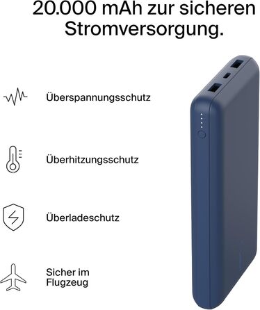 Повербанк Belkin 20K, 20 000 мАг, USB-C/USB-A, включаючи кабель, для iPhone, Galaxy, Pixel - синій