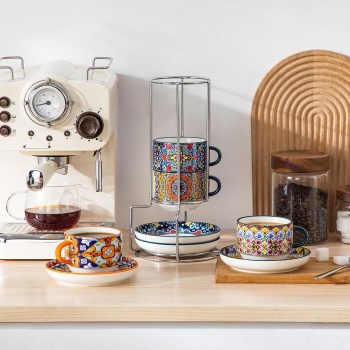 Набір чашок для еспресо Vancasso 4 шт., 150 мл SIMI, з підставками та стійкою, керамічні, для капучино, еспресо, лате (270 мл)