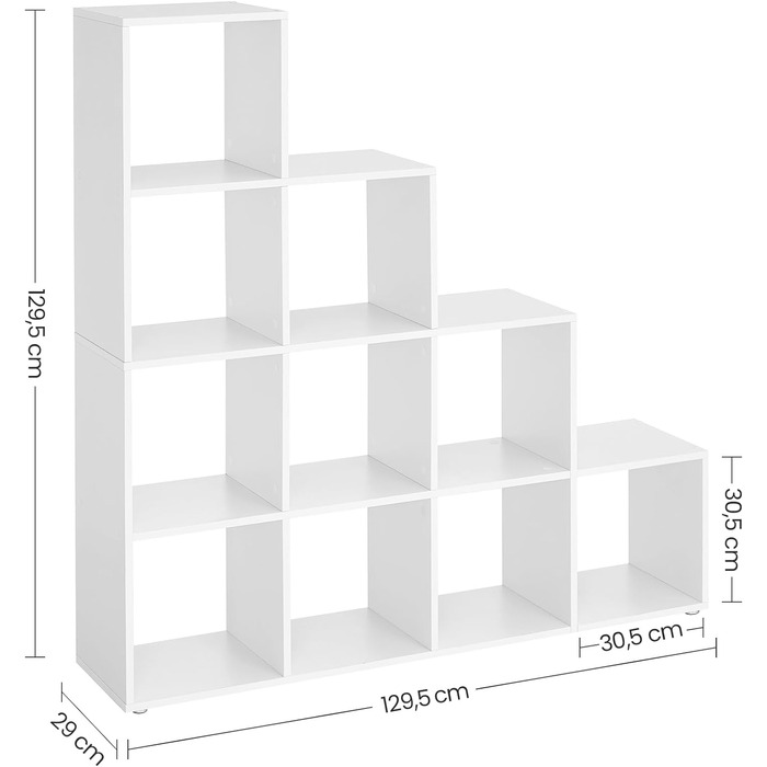 Книжкова шафа на 10 відділень, відкрита сходинкова полиця для декору, фотографії, рослини, 29x129.5x129.5 см, хмара біла