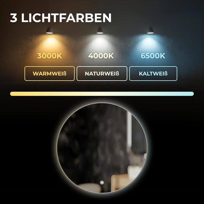 Дзеркало для ванної кімнати BR Bringer LED кругле 80см з підсвічуванням, антизапарюванням, регулюванням яскравості, 3 кольори світла, сенсорне управління та функція пам'яті (BRRS201)