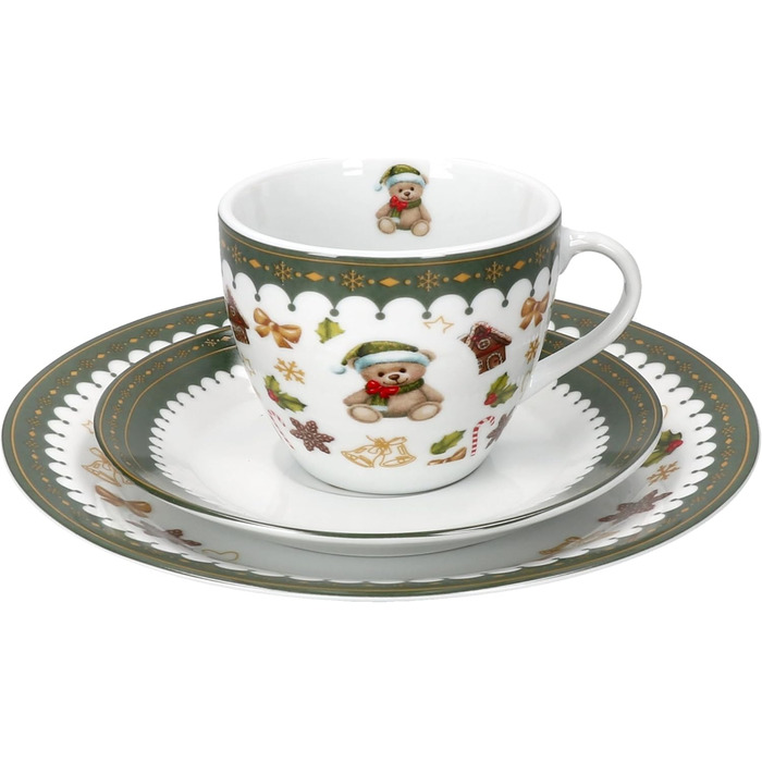MamboCat Friend - 18-ти частинний чайний сервіс для 6 осіб | Керамічний сервіс з ведмедиком, будиночком з імбирного пряника та іншими новорічними мотивами | Тріо з чашками, блюдцями та тарілками | Ідеальний для святкування Різдва