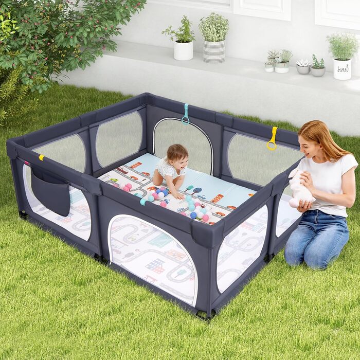 Дитячий манеж COSTWAY Laufstall з матрацом 189 x 158 см, з 50 м'ячиками та 4 ручками, дитяче огородження, намет-манеж з дихаючою сіткою для малюків (темно-сірий)