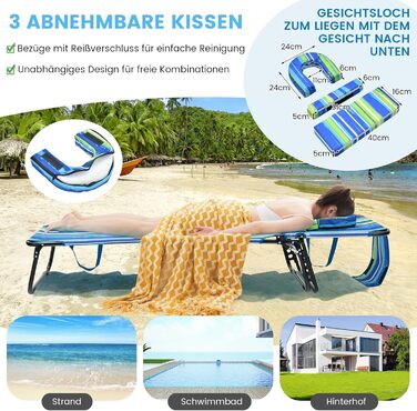 Лежак для відпочинку COSTWAY з отвором для обличчя, розкладний садовий лежак з 3 знімними подушками та 5-рівневим регулюванням спинки, лежак для пляжу, саду та басейну (Блакитно-зелений, 1 шт.)