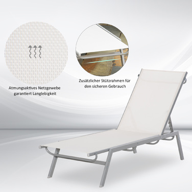 Outsunny Sun Lounger Садовий шезлонг з регульованою подушкою 5-ступінчастою спинкою Металева сітка тканина кремовий білий 170x58x97см для патіо та балкона
