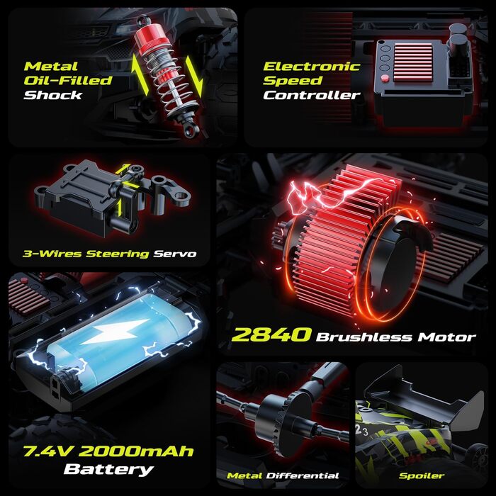 Позашляховик DEERC 1:14 Brushless 4WD, 43 милі/год, з LED підсвіткою, металевими амортизаторами та 2x 7.4V акумуляторами