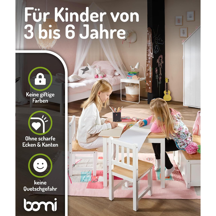 Дитячий меблевий набір Bomi Anna: стіл, 2 стільці та лавка-сховище | Меблі для дитячої кімнати з екологічного дерева | Білий (білий-натуральний)