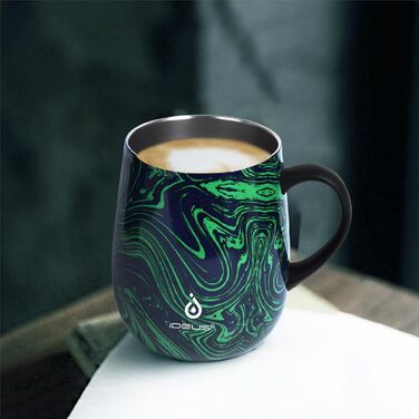 Кружка для кави та чаю Ideus 470 мл з подвійними стінками, нержавіюча сталь, з нековзним ручним тримачем та кришкою-модулем, великий об'єм (Трав'яний зелений)