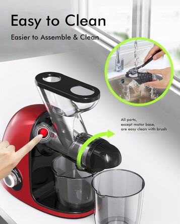 Соковижималка SiFENE Slow Juicer - подвійний калібр, без засмічення, функція реверсу антиблокування, дрібне подрібнення без фільтра, електрична соковижималка, зі щіткою та 2 чашками (червона)