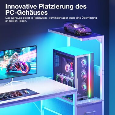 Ігровий стіл Coleshome з LED-підсвічуванням 120x48 см, з шухлядами та полицею, обертовий, з тримачем для навушників, карбонове волокно