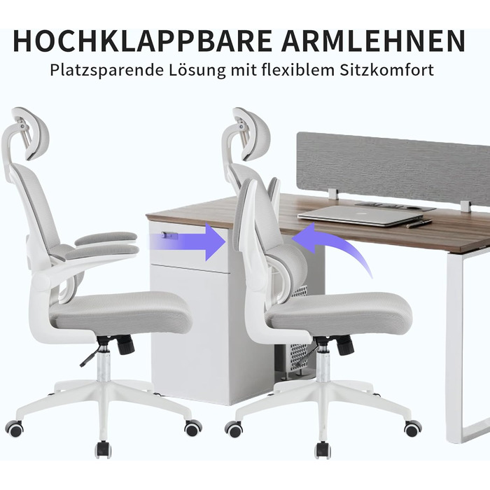 Офісний крісло SEEDWAVE з ергономічною підтримкою спини, регульованою підголівником та функцією гойдання, сірий та білий колір, до 150 кг