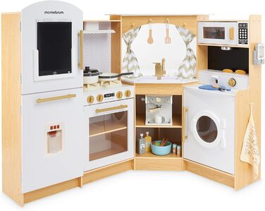 Дерев'яна кухня Мамабрум XXXL з LED-підсвічуванням та диспенсером для кубиків льоду - дитяча кухня з аксесуарами (мікрохвильова піч, посуд, столові прибори) для дітей 3+