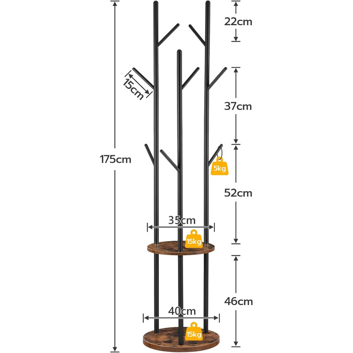 HOOBRO Стійка для одягу, вільна стоянка, вішалка для одягу у вигляді дерева з 8 гачками, 2 круглі полиці, для одягу, капелюхів, сумок, вітальні, спальні, офісу, темно-коричневий + чорний