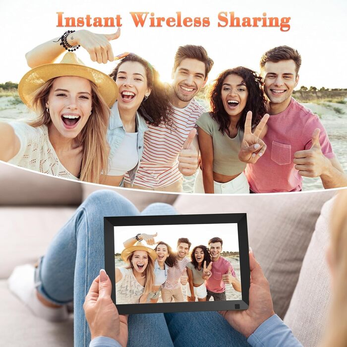 Цифровий фоторамка 10.1 дюйма з Wi-Fi, 64GB пам'яті, IPS LCD сенсорний екран 1280x800, автоповорот, аудіо, швидке завантаження фото та відео, чорний