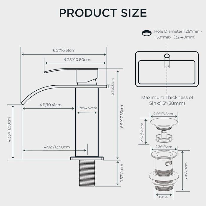 Змішувач для ванної кімнати Forious, водоспад, одноручний, хром, висота виливу 80 мм, економія води та енергії