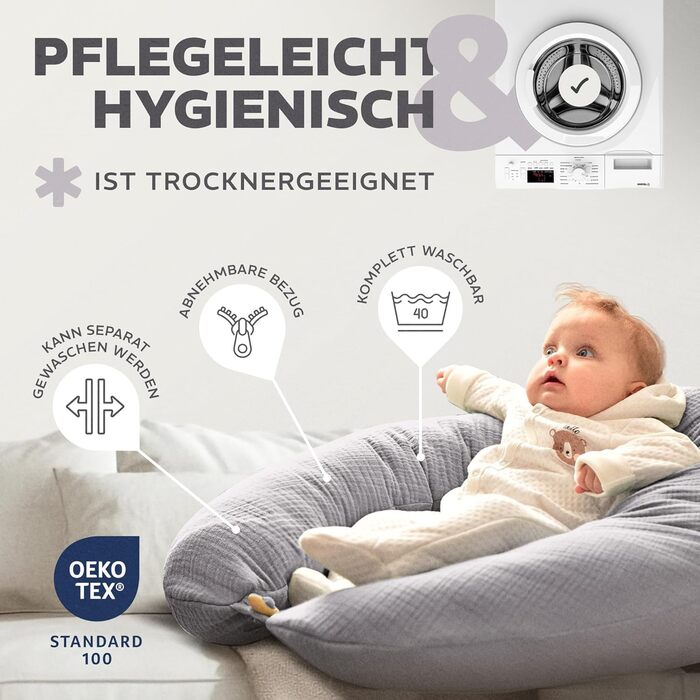 Подушка для вагітних та годування sei Design XXL (190x35 см), ергономічна подушка для сну з чохлом з біо-бавовни муслін, колір тауп