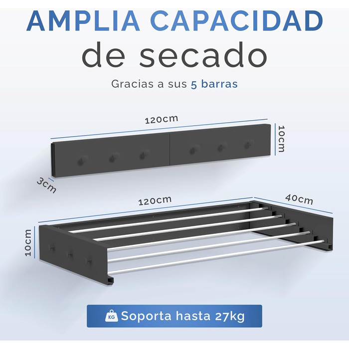 Настінна сушилка для білизни JUPPLIES розкладна, 120 см – сушилка для одягу для дому та вулиці, біла, 30 кг