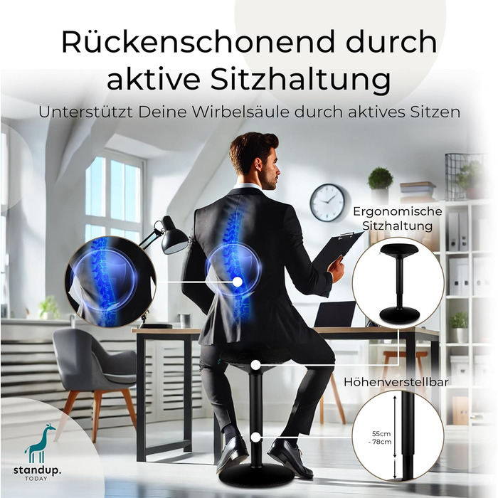 Регульований пуф Standup.Today Ella (білий/зелений) – висота 55-80 см – ергономічний пуф для офісу та дому – пуф з ефектом гойдання – пуф для робочого столу