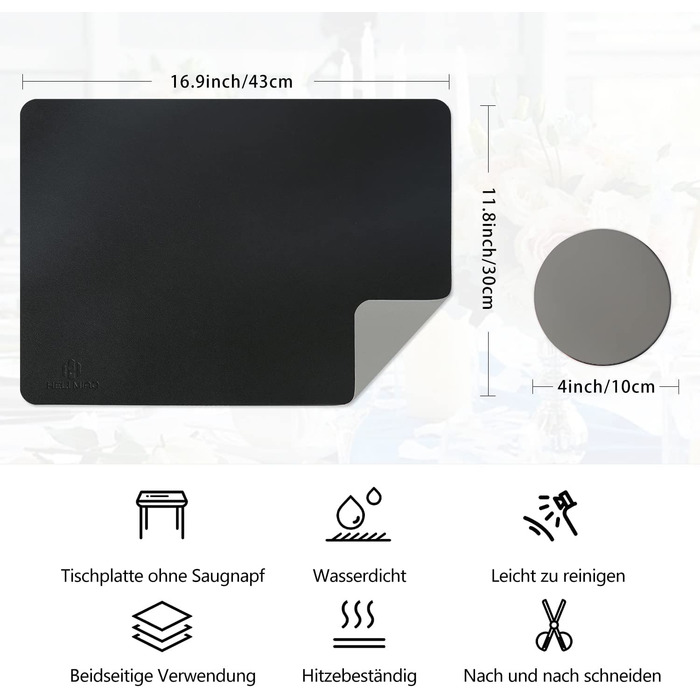 Набір з 6 підкладок під тарілки HELI MIAO, шкіряні, 43x30 см, чорний+сірий