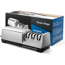 Електричний точильний верстат для ножів MusyVocay з алмазним покриттям, професійний 3-ступеневий, кухонний точило з регулюванням кута 20 градусів для грубого заточування та ремонту, срібний