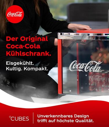 Міні-холодильник для напоїв °CUBES Original Coca-Cola PopArt червоний (48л) з glass-дверцяма, енергоефективний та безшумний — для офісу, геймінгу та вечірок