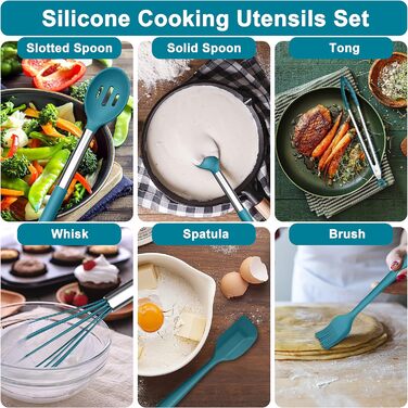 Набір кухонного інвентарю Herogo, 12 шт. Силіконові кухонні інструменти з нержавіючою сталею, термостійкі кухонні прилади, лопатки, ложки, шпателі з підставкою, легко миються (Блакитний)