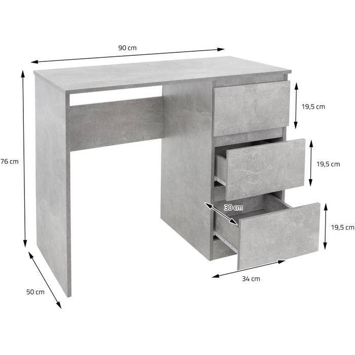 Письмовий стіл ML-Design з 3 шухлядами, 90x76x50 см, з великою кількістю місця для зберігання, сучасний, робочий стіл офісний стіл комп'ютерний стіл офісні меблі дитячий стіл для ноутбука стіл для ПК стіл для дому/офісу (сірий у бетоні)