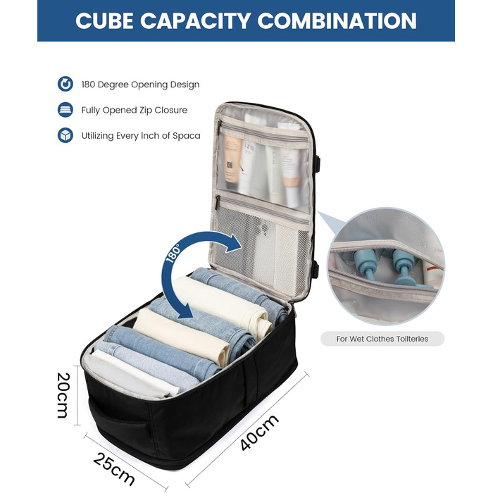 LOVEVOOK Рюкзак ручної поклажі 40x20x25 для Ryanair, 20L, рюкзак для подорожей, для ноутбука 14 дюймів, чоловічий/жіночий, з відділенням для мокрого та сухого, чорний